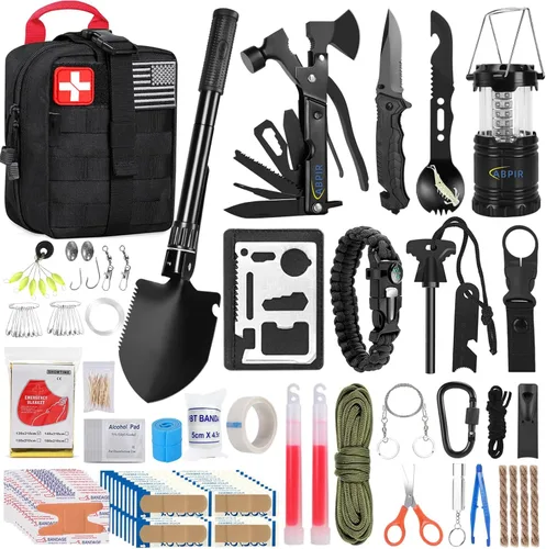 ABPIR Kit de supervivencia de 170 piezas, kit de primeros auxilios de supervivencia con equipo esencial de supervivencia, suministros médicos de