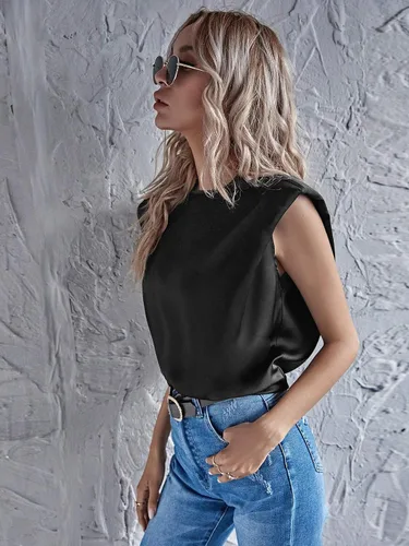 Miniatura 4 de Verdusa Camisetas de satén para mujer, estilo casual, sin mangas, con almohadilla de hombro