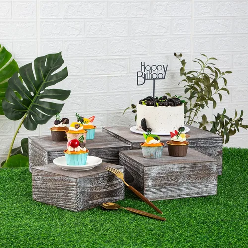 Miniatura 3 de Soportes cuadrados de madera vintage para tartas de madera, juego de 4 soportes de madera para cupcakes, cajas de madera rústica de 12 pulgadas