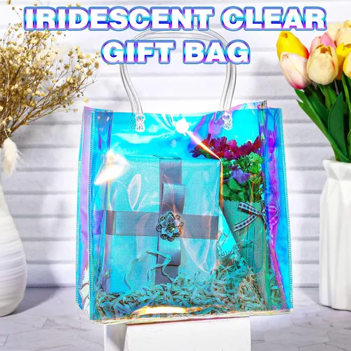 Miniatura 7 de Sherr 25 bolsas de regalo pequeñas holográficas transparentes iridiscentes reutilizables de plástico de PVC para compras, bodas, cumpleaños, baby