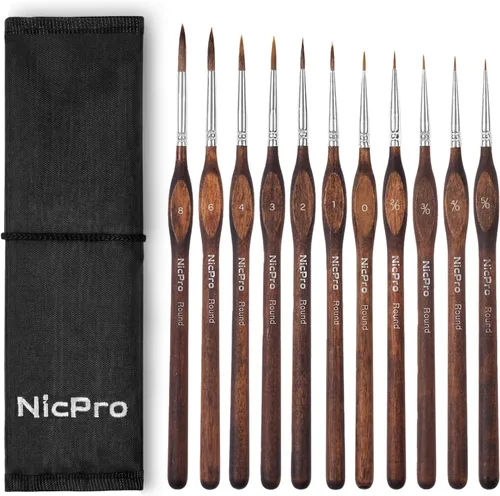 Miniatura 12 de Nicpro Kolinsky Sable - 7 pinceles de pintura en miniatura, pinceles profesionales de detalles finos con rollo de tela, juego de pinceles de artista