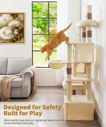 Miniatura 8 de PMT04BW - Árbol resistente para gatos de interior, torre para gatos de 74 pulgadas con poste rascador, cesta colgante, condominio para gatos
