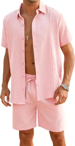 LecGee Conjunto corto casual de verano para hombre, camisa cubana de lino de manga corta, pantalones cortos con cordón en la cintura, trajes de