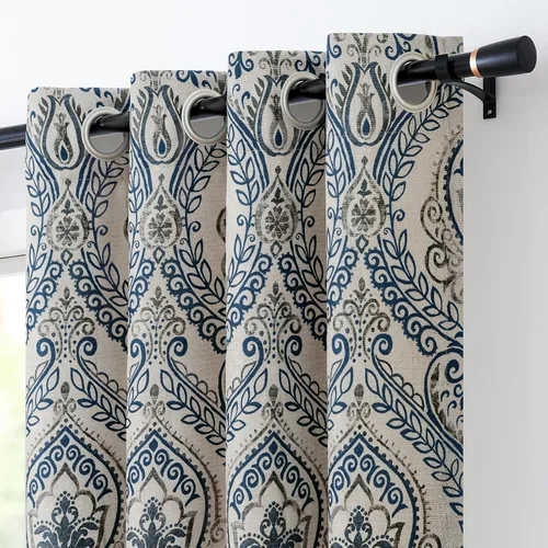 Vangao Cortinas vintage de damasco azul de 63 pulgadas de largo, cortinas opacas de lino con textura floral, estampado de medallón de paisley para