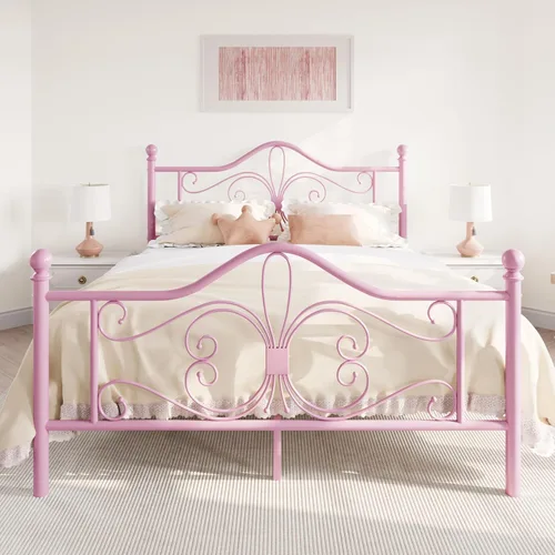 Miniatura 9 de SHA CERLIN Marco de Cama Tamaño Twin para Niños, Marco de Cama de Metal con Cabecero y Pie de Cama de Diseño de Patrón de Mariposa, No Necesita Rosa