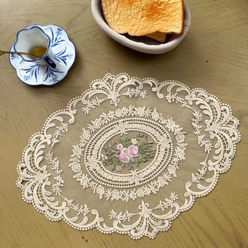 Miniatura 9 de Paquete de 2 manteles individuales de encaje estilo francés retro bordados de moda para jarrón de 12 x 16 pulgadas (pasta de frijoles en polvo)