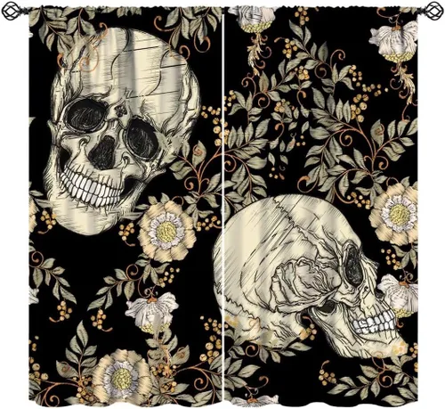 Miniatura 11 de Divertidas cortinas opacas de calavera de azúcar, cementerio del día de los muertos, diseño floral de México, telón de fondo negro, cortinas
