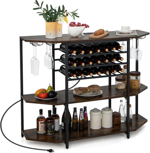 Giantex Armario de bar de vinos con toma de corriente, mini mesa de soporte para barra de café con 21 botelleros y soportes para vidrio, estantes