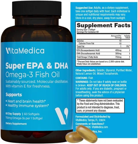 Aceite de pescado súper EPA/DHA de alta potencia, 750 mg de ácidos grasos esenciales Omega-3 | EPA y DHA | Salud del corazón, salud del cerebro,