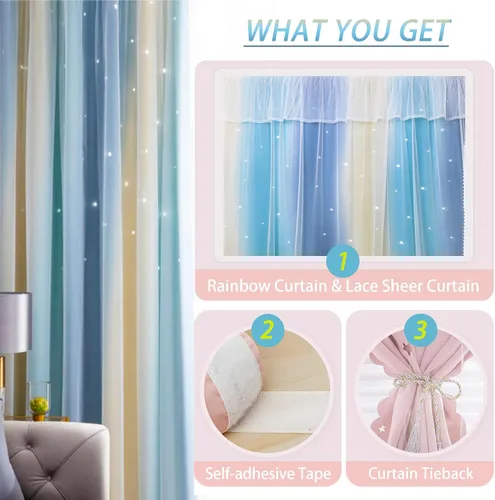 Miniatura 4 de Cortinas autoadhesivas para ventana de dormitorio, sin varilla, con recorte adhesivo, cortinas de estrellas para habitación de niñas, guardería