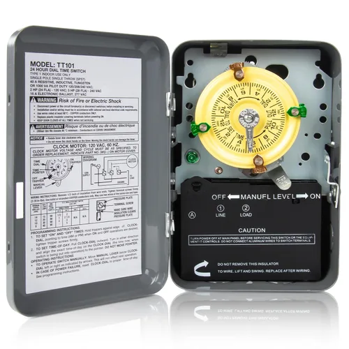 Interruptor de temporizador mecánico T101, 120 V 40 A SPST, 2 HP para temporizador de luz exterior, calentador de agua, HVAC y bomba de piscina, 12