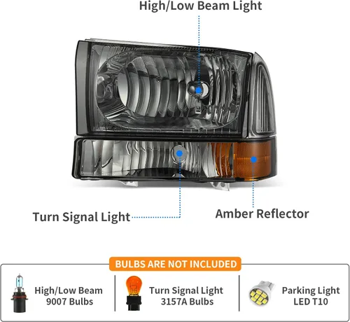 Miniatura 2 de DWVO Conjunto de faros Compatible con 1999-2004 Ford F-250 F-350 F-450 F-550 Super Duty/2000-2004 Ford Excursion Lentes ahumados Reflector ámbar