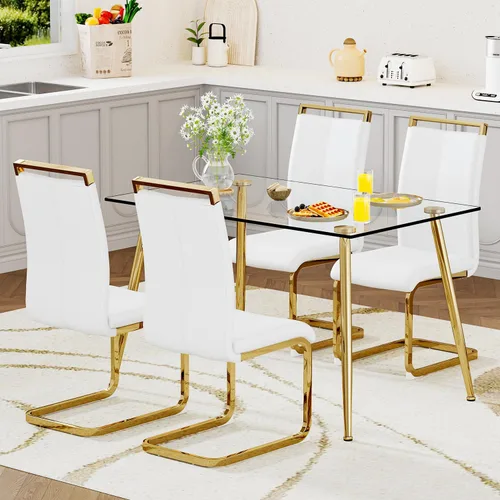 Miniatura 15 de Juego de mesa de comedor de vidrio Ebullient para 4, mesa de 51" de vidrio templado transparente con patas de metal negro y 4 sillas de acrílico