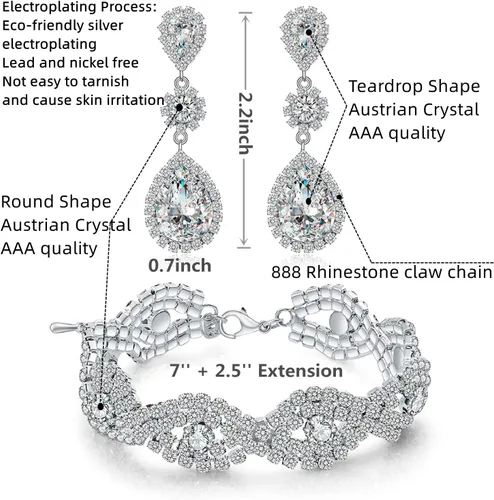Miniatura 2 de Juego de aretes de diamantes de imitación de plata chapados en oro para boda, novias, damas de honor, piedra de cristal, aretes colgantes, juego