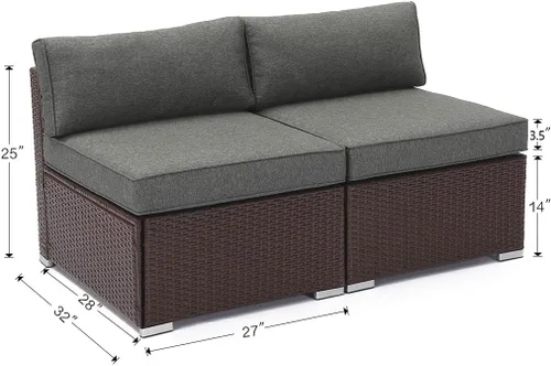 Miniatura 2 de COSIEST Juego de 2 sillas complementarias sin brazos para muebles de exterior para expandir sofá seccional de mimbre marrón chocolate con cojines