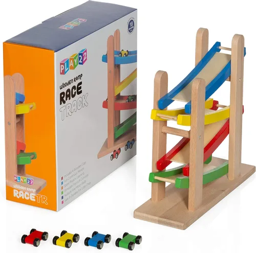Miniatura 5 de Play22 Rampas de madera para autos de carrera, 4 niveles, pista de carreras incluye 4 autos de juguete de madera, My First Baby Toys - El juego