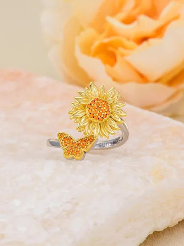 Miniatura 3 de Anillo ajustable de abejamariposamostazacolibrígatoarco iris para mujer, plata de ley 925, anillos de cuchara para mujer, tamaño adecuado