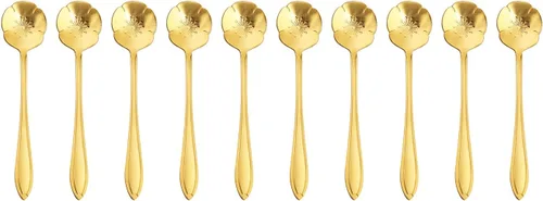 Miniatura 9 de Cuchara de flores de acero inoxidable de 10 piezas, cucharas creativas de postre doradas, cucharas de café, agitadores de café, cuchara de té