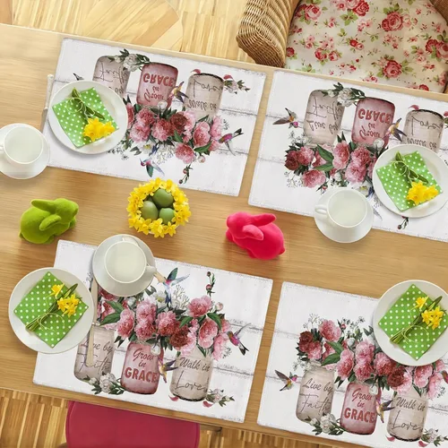 Miniatura 4 de Juego de 4 manteles individuales con diseño de flores y rosas, manteles individuales lavables para decoración del hogar, fiesta, interior, cocina