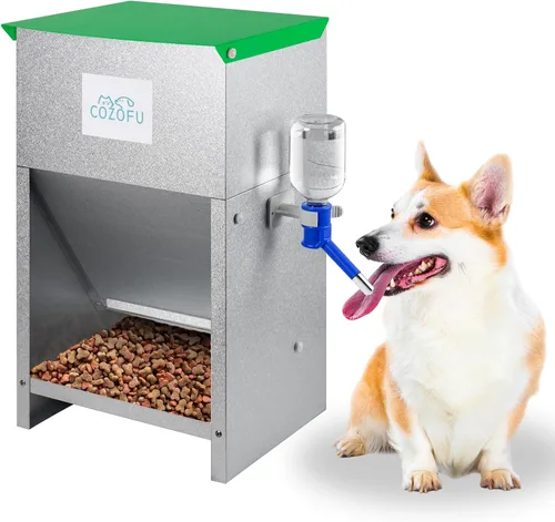 Comedero automático para perros alimentado por gravedad con cuenco de agua, estación de alimentos de acero galvanizado para interiores y exteriores,