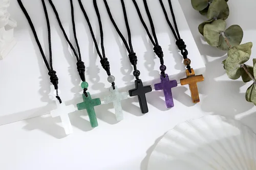 Miniatura 6 de Collar de cristal de obsidiana, collares de cristales de cruz, cuerda negra, piedra preciosa Reiki, joyería de cuarzo energético para hombres