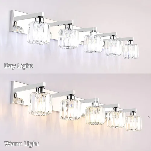 Miniatura 6 de Aipsun Lámpara de tocador de baño de cristal de acero inoxidable, moderna, 5 luces, accesorios de tocador de baño de cristal (no incluye bombilla)