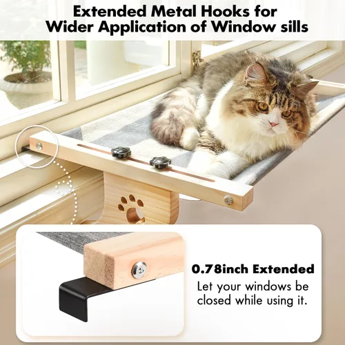 Miniatura 3 de AMOSIJOY Percha de Ventana para Gatos Hamaca de Ventana para Gatos con Marco de Madera y Metal para Gatos Grandes, Fácil de Ajustar Cama de Gato Gris