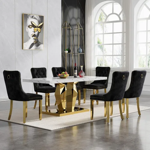Miniatura 21 de Moderno juego de mesa de comedor de mármol sintético de 68.11 pulgadas para 6, mesa de comedor de mármol blanco y plateado con 6 sillas de Blanco