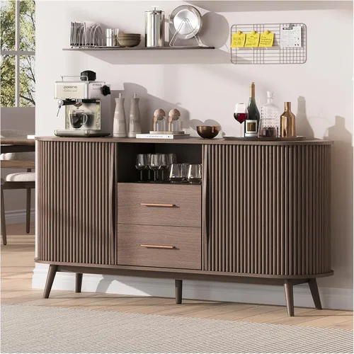 Miniatura 13 de Jiansu furni, Armario buffet de 63 pulgadas con puertas de vidrio arqueadas, moderna credenza de cocina negra con almacenamiento, mesa de consola