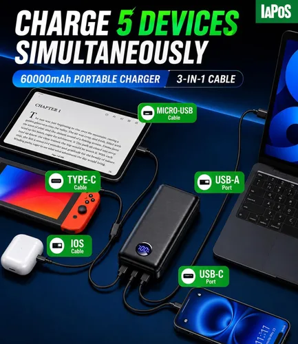 Miniatura 4 de Cargador portátil de batería de 60,000 mAh, cargador de teléfono de carga rápida de 22.5 W, cable USB-C/iOS/Micro-USB, Powerbank para iPhone 17 16