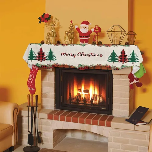 Miniatura 8 de Bufanda para chimenea con árbol de Navidad, 90 x 17 pulgadas, guirnalda de Navidad a cuadros rojos, cubierta de mantel de lino vintage, protector