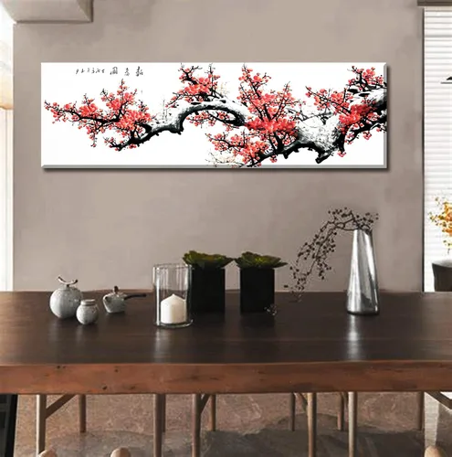 Miniatura 3 de JiazuGo Decoración asiática, pintura china, arte de pared oriental rojo ciruelo flor lienzo cuadros para dormitorio, decoración estética de pared