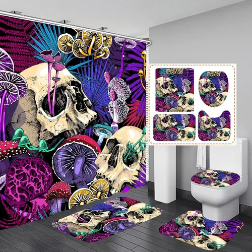 Miniatura 9 de Juego de 4 cortinas de ducha de león salvaje, cortina de pareja de tigre Leo africano con alfombra antideslizante, cubierta para tapa de inodoro