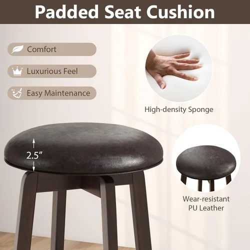 Miniatura 5 de COSTWAY Juego de 2 taburetes de bar giratorios de 29 pulgadas, taburetes de bar tapizados con asiento de piel sintética y patas de madera de goma