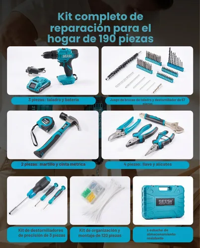 Miniatura 2 de Seesii - Kit de herramientas con taladro inalámbrico de 21V - Juego de herramientas eléctricas de 190 piezas, kit de herramientas manuales con caja