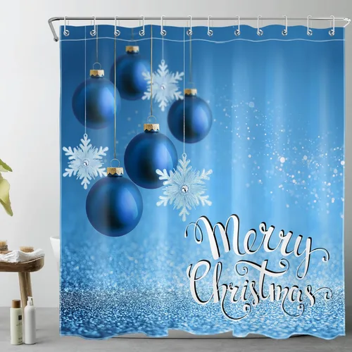 Miniatura 10 de LB Cortina de ducha de Feliz Navidad para baño, bola de Navidad azul marino y cortina de ducha de tela de copo de nieve blanco con ganchos, juego
