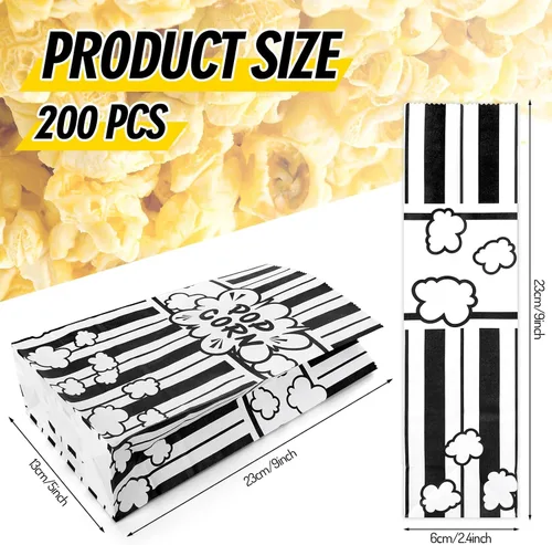 Miniatura 2 de Whaline 200 bolsas de papel para palomitas de maíz de noche de película, 2 onzas, rayas blancas y negras, contenedor de palomitas de maíz de fondo