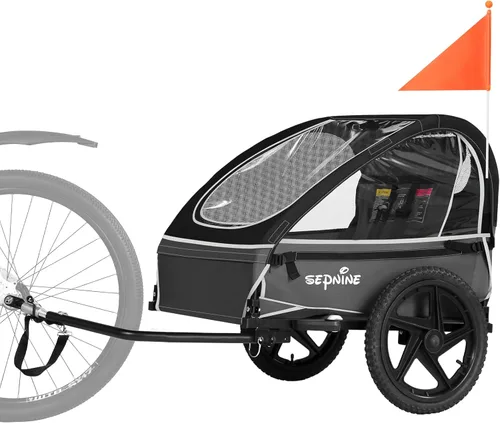 Miniatura 9 de Sepnine Remolque de bicicleta para niños, adecuado para 1 a 2 niños, 12 meses en adelante, fijación rápida a la bicicleta, plegable, con arnés de 5