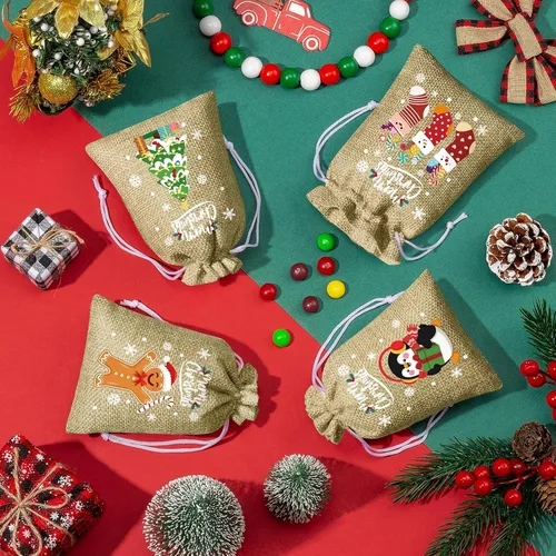 Miniatura 4 de FLOE 72 piezas Bolsas de regalo de Navidad de arpillera con cordón, bolsas de lino de Navidad con cordón para golosinas, bolsas de regalo de Navidad