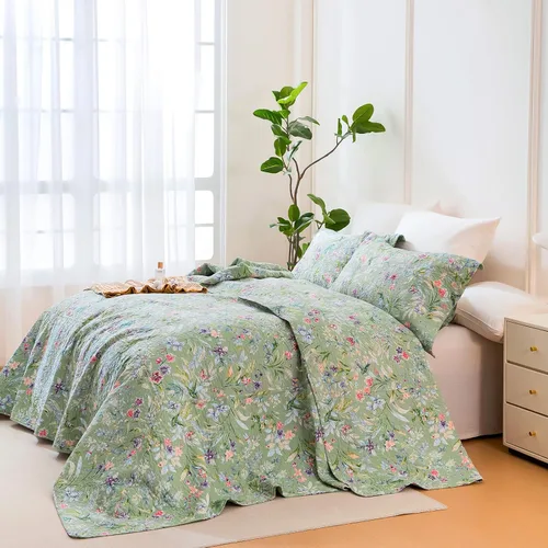 Miniatura 2 de Sanracie Edredón extragrande tamaño King (120"x120"), juego de edredón 100% algodón con estampado floral verde de 3 piezas, edredón suave y ligero