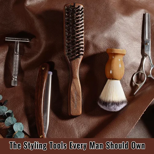 Miniatura 4 de GAINWELL Juego de peine de pelo para hombre, cepillo de cerdas de jabalí con cerdas rígidas para cabello grueso, mango de sándalo dorado de nogal