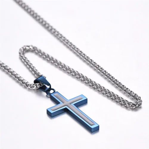 Miniatura 2 de U7 Collar de cruz simple para hombres y mujeres, acero inoxidable, plateado, negro, oro, cruz latina, colgante, grabable, longitud de 22 a 24