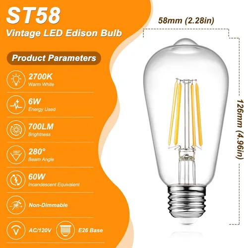 Miniatura 2 de Ascher – Bombillas LED Edison vintage, 6 W, equivalentes a 60 W de bombillas incandescentes, no regulables, luz blanca cálida 2700K, bombillas