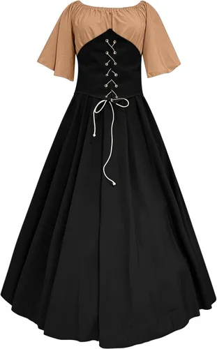 Miniatura 4 de Vestido victoriano de talla grande para mujer, manga acampanada, hombros descubiertos, vestidos medievales con corsé, vestido de baile de retazos