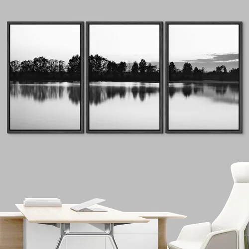 Miniatura 2 de NWT Juego de Arte de Pared de Lienzo Enmarcado Bosque Blanco y Negro Reflejo de Lago Paisaje Naturaleza Vida Silvestre Arte de Fotografía Rústico