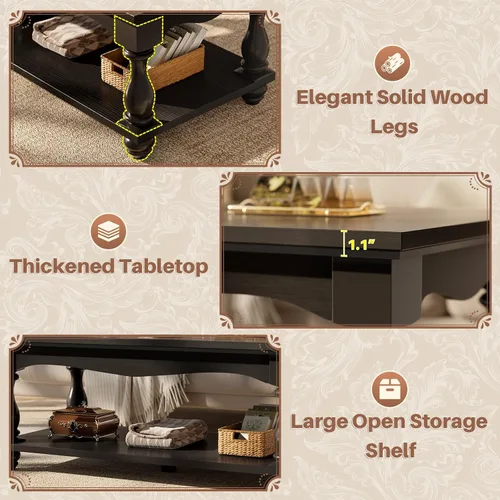 Miniatura 4 de Besiost Mesa auxiliar de 47 pulgadas con almacenamiento, diseño de granja de 2 niveles, patas de madera maciza, mediados de siglo para sala de Negro