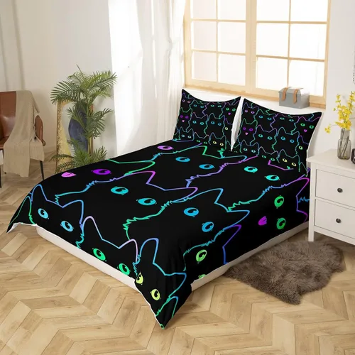 Miniatura 2 de Juego de ropa de cama con diseño de dibujos animados para niñas, niños, mascotas, gatos, funda de edredón con luz de neón, funda de edredón colorida