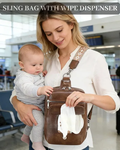 Miniatura 3 de Bolso Bandolera Mochila Cruzada - 2 en 1 Bolso Cruzado de Cuero Riñonera con 2 Correas Extraíbles Mini diaper bag Café