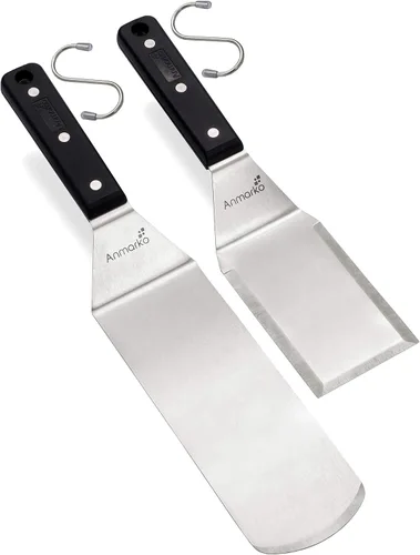 Anmarko Juego de espátulas para parrilla - Espátula larga de metal - Raspador de parrilla y volteador de tortitas o espátula para pizza - Espátula