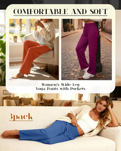 Miniatura 156 de Neer - Conjunto de 3 pantalones de yoga de pierna ancha para mujer - Pantalones deportivos cómodos, holgados, de cintura alta y casuales